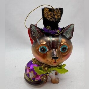 Colorful Cat Glass Christmas Ornament with Black Top Hat  New with tag   5 1/2 "